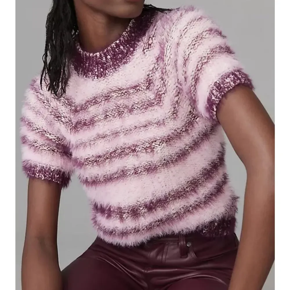 Pilcro Baby Sweater Short Sleeve Pink Striped Fuzzy Cozy M - Picture 1 of 12